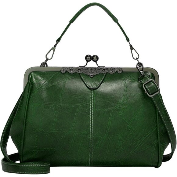 Handbags - Women's Green Vegan Leather Kiss Lock Elegant Satchel Evening Crossbody Clutch